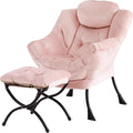 Tiita Lazy Chair with Ottoman, Pink Chair Modern Large Accent Lounge Armchair, Comfy Leisure Sofa Reading Chair with Footrest for Bedroom, Living Room, Dorm Rooms, Garden and Courtyard, Velvet Pink
