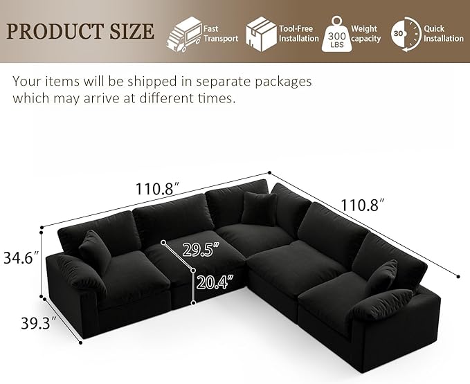 Forest aesthetics 211.6" Cloud Modular Sectional Sofa,Black Down Filled Sofa 5 Seat,Minimalist Sofa Cover Washable and Replaceable Couches for Living Room,Sectional Sofa Deep Seat