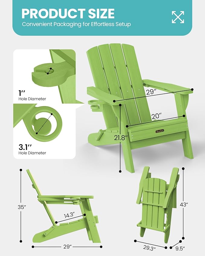 Folding Adirondack Chair, HDPE All-Weather Fire Pit Chairs, Plastic Adirondack Chairs with 2 Cup Holder, Outdoor Lawn Chair for Patio Garden (Light Green)