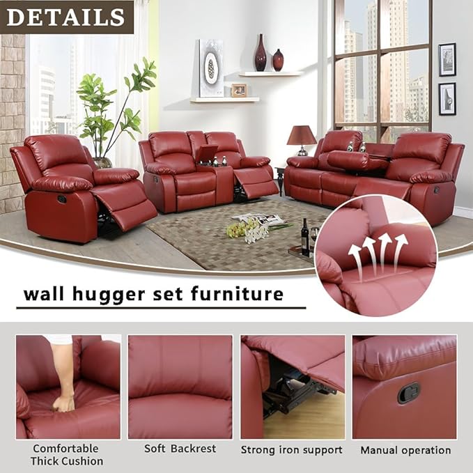 AYCP Bonded Leather 3 Pieces Reclining Sofa Set (Loveseat, Sofa) with Storage and Dropdown Coffee Tables, Red