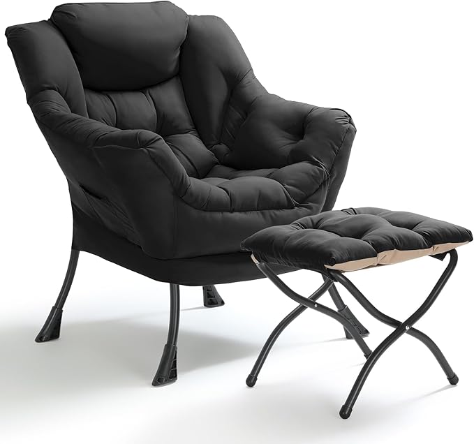 TLSUNNY Lazy Chair with Foldable Ottoman, Modern Comfy Lounge Chair, Large Sofa Armchair with Footrest and a Side Pocket, Reading Chair with Footstool for Bedroom, Living Room, Dorm (Black)