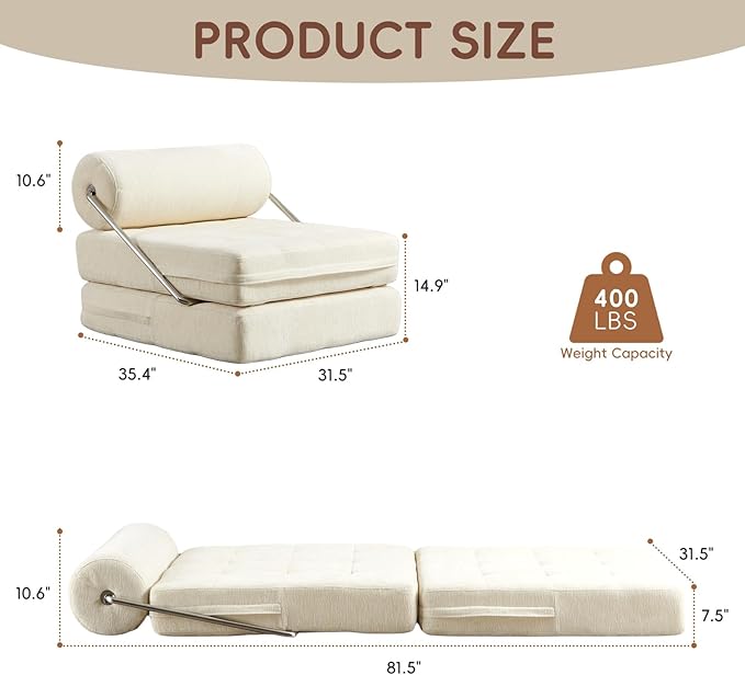 4-in-1 Folding Sofa Bed, Easy Assembly Chenille Boneless Couch, Convertible Sleeper Chair with Back Support, Small Floor Futon Sofa for Living Room & Bedroom, Single(Beige)
