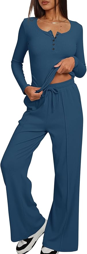 Darong Womens 2 Piece Matching Lounge Sets 2026 Long Sleeve Henley Shirts Wide Leg Pants Airport Travel Outfits