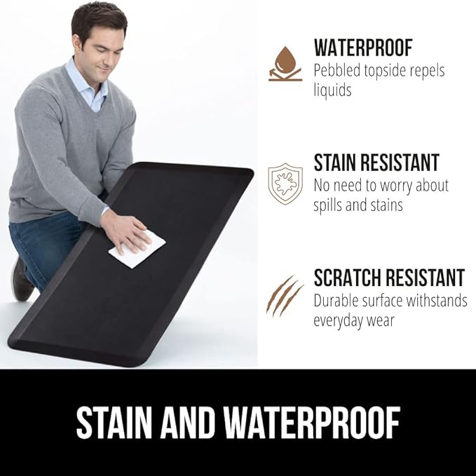 GORILLA GRIP Comfortable Cushioned Kitchen Mats for Floor, 70x24, Waterproof and Stain Resistant Soft Top, 3/4 Inch Thick Ergonomic Standing Desk Anti Fatigue Mat, Foam Supports Ankles and Feet, Black