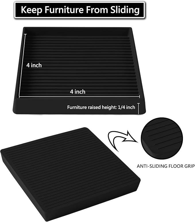 4x4 Square Rubber Furniture Caster Cups, Anti-Sliding Furniture Pads Bed Stopper Floor Protectors with Grip - Protect Any Flooring