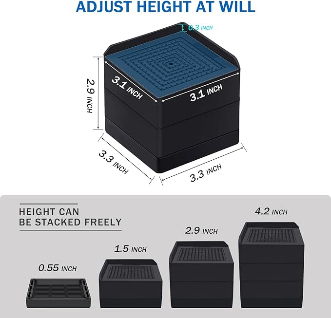 ANNKUT Bed Risers 3 inch Heavy Duty,Furniture Risers for Desk Table Sofa Couch Lifts to 1.5 or 3 inch, Square Adjustable Risers Blocks, Support Up to 1,300 Lbs（4 Pack-Black）