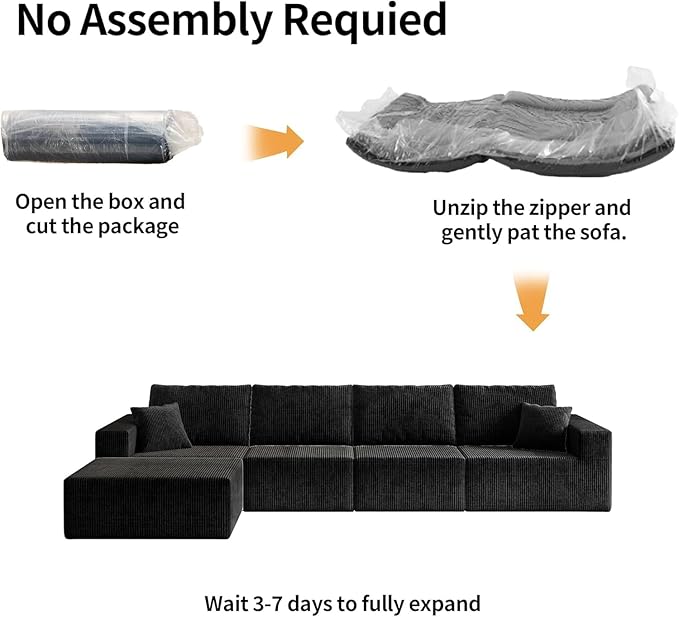 139" Boneless Cloud Sectional Couch for Living Room, Compressed Modular L-Shaped Sofa with Deep Seat, Frameless Corduroy Couch in Boxes, No Assembly Required 4-Seater (Left-Facing Chaise, Black)