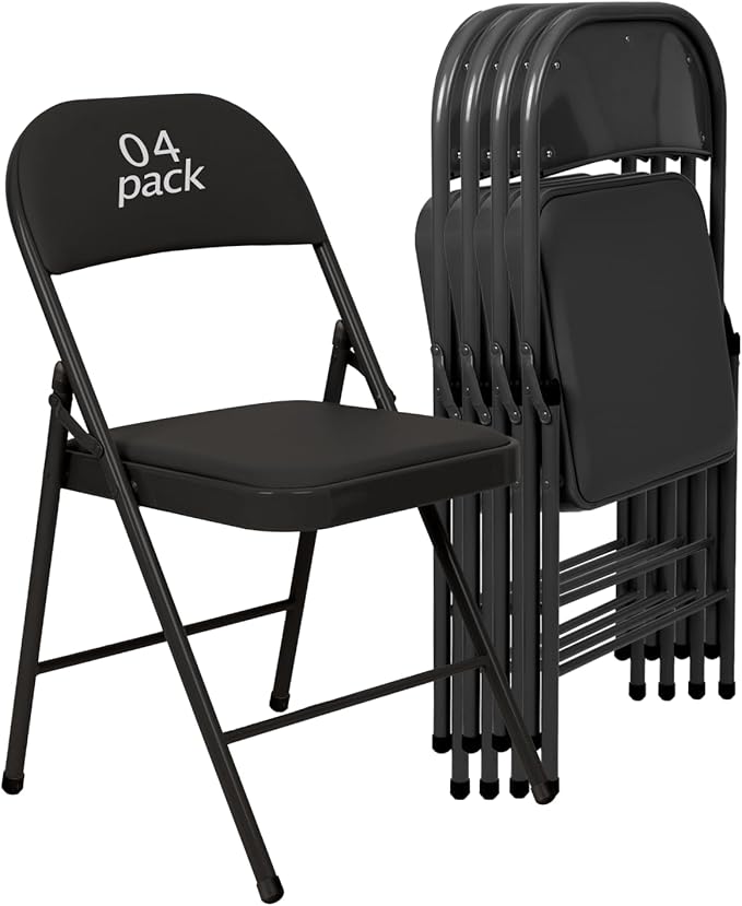 4 Pack Black Padded Folding Chairs Set - Comfortable Stackable Portable Chairs for Indoor Outdoor, Events, Parties, Office, Wedding (PU Leather, Classic Black,School Chair)