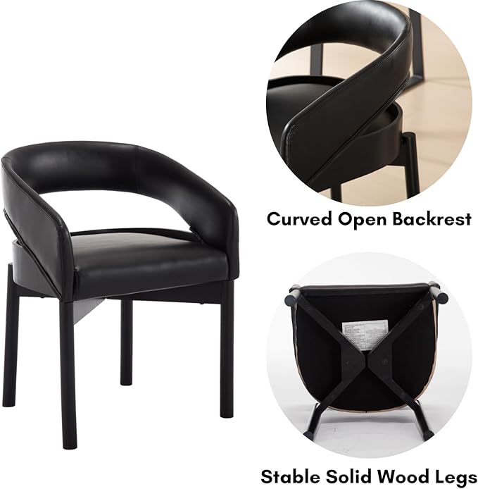 DUOMAY Modern PU Leather Dining Chairs Set of 2, Open Back Kitchen Chairs with Solid Wood Legs Upholstered Curved Back Side Chairs for Kitchen Restaurant, Black