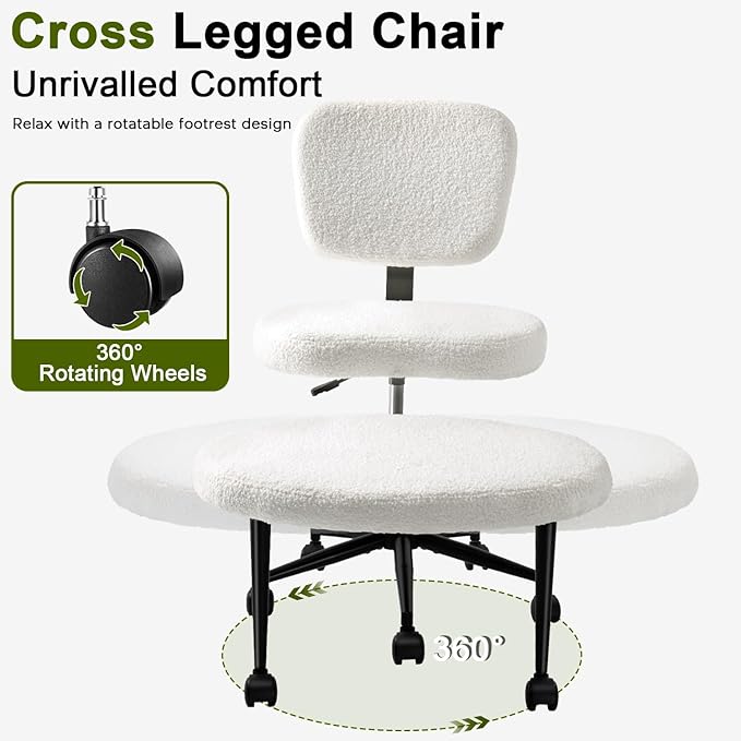 Waleaf Ergonomic Cross Legged Office Chair, ADHD Chair for Adults, Height Adjustable Meditation Chair with Wheels, Teddy Fabric Yoga Kneeling Chairs with Comfortable Back Support (White)