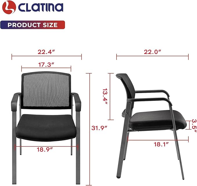 CLATINA Guest Reception Stacking No Wheels Desk Chair, Mesh Back Waiting Room Chairs with Arm Upholstered Fabric Seat and Ergonomic Lumbar Support for Office Conference School Church, Black (4 Pack)