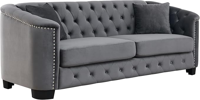 mikibama Modern Chesterfield Velvet Sofa, 77 Inch Sectional Sofa, Luxury 3 Seater Upholstered Tufted Couch with Nailhead Arms and 2 Pillows for Living Room, Bedroom, Apartment(Grey)
