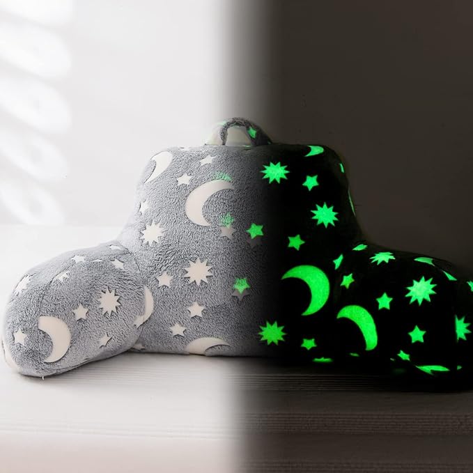 Holawakaka Glow in The Dark Reading Pillow for Sitting up in Bed Sofa Kids Teens, Luminous Moon Stars Backrest Pillow with Arms for Boys Girls Petites, Back Support Cushion for Couch Nursery Playroom
