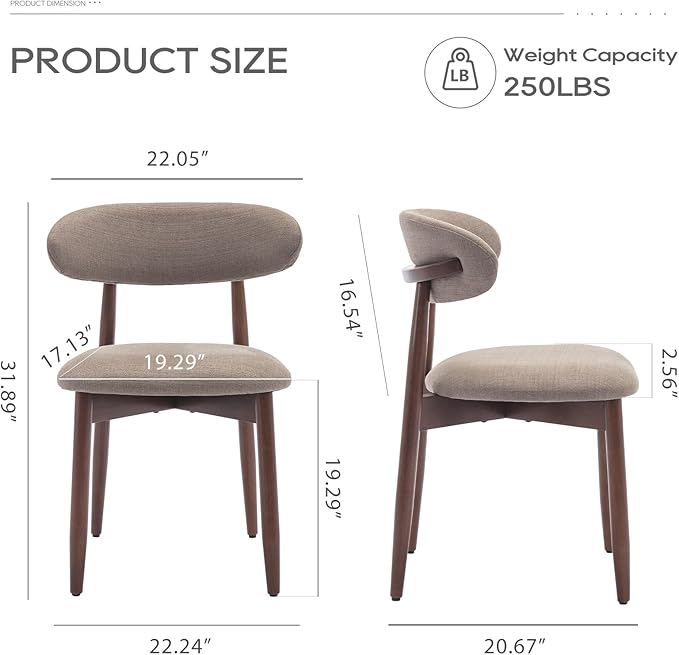 COLAMY Wooden Dining Chairs Set of 2, Modern Fabric Upholstered Kitchen Chairs, Farmhouse Dining Room Chair with Foot Pegs, Camel