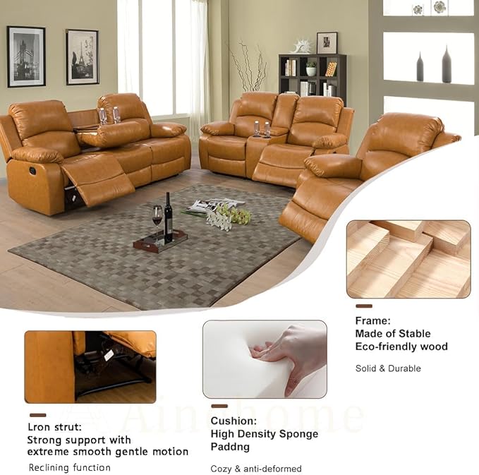 AYCP Bonded Leather Living Room Furniture Set Reclining Sofa Set Loveseat Furniture Sets in Living Room Sofa Recliners (3 Pieces, Ginger)