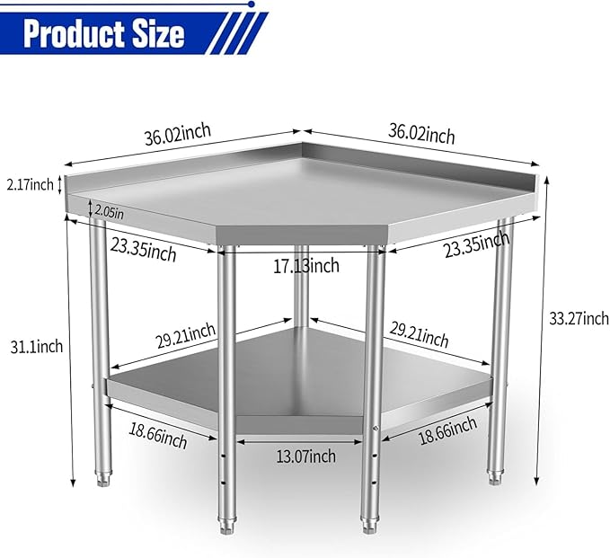 Commercial Stainless Steel Corner Work Table – NSF Approved with Splash Guard & Adjustable Shelf, Heavy Duty Kitchen Prep Bench for Restaurant & Home Use, Silver