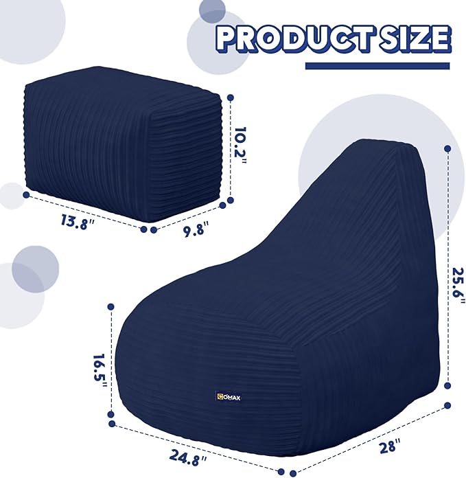 COMAX Kids Bean Bag Chair, Toddler Beanbag Chairs for Kids with Ottoman for Boys and Girls, Corduroy Couch Lounge with Filler Included, Floor Children Sofa Comfy for Reading and Classroom, Navy