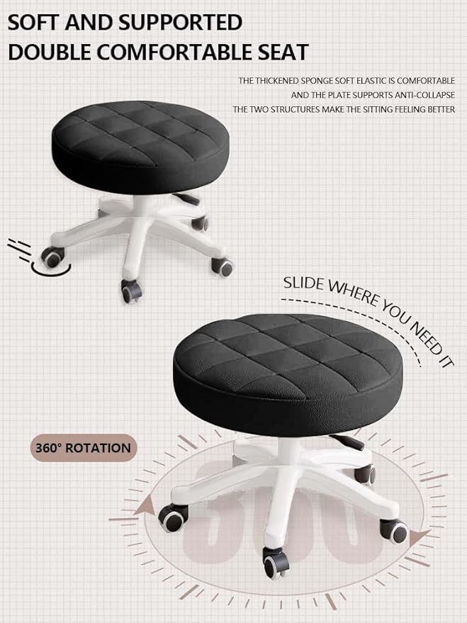 HDHNBA Small Chair Round Rolling Stool with Wheels PU Leather Height Adjustable Swivel Drafting Work SPA Salon Stools Home Office Chair