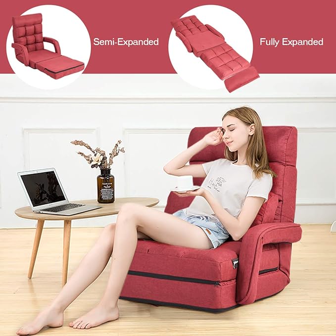 Giantex Folding Floor Chair with 6-Position Adjustable Backrest, Armrests & Removable Pillow, 330Lbs Capacity, Lazy Sofa Armchair, Chaise Lounge Bed, Gaming Recliner for Living Room Bedroom, Red