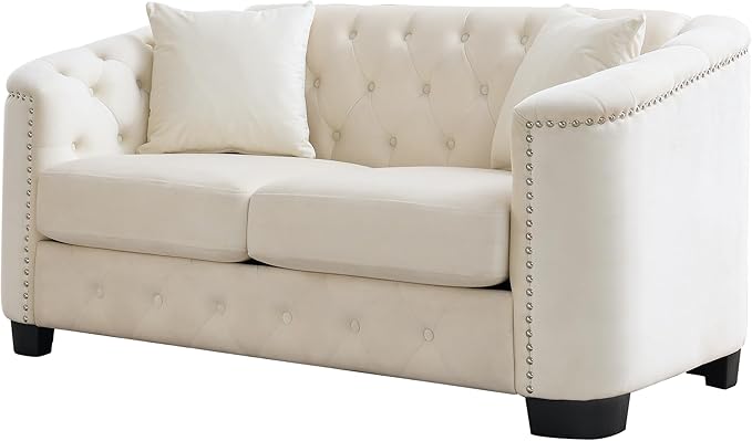 mikibama Modern Chesterfield Velvet Sofa, 77'' Sectional Sofa, Luxury 3 Seater Upholstered Tufted Couch with Nailhead Arms and 2 Pillows for Living Room, Bedroom, Apartment(Beige)