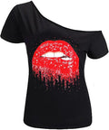 MAGICMK Women’s Short Lips Print Causal Off The Shoulder Plus Size T-Shirt Tops