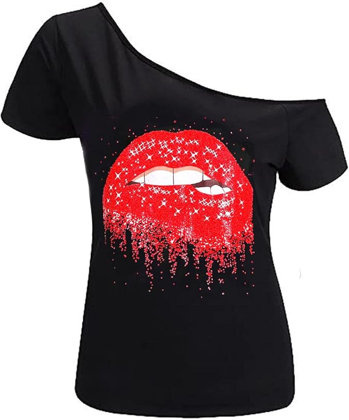 MAGICMK Women’s Short Lips Print Causal Off The Shoulder Plus Size T-Shirt Tops
