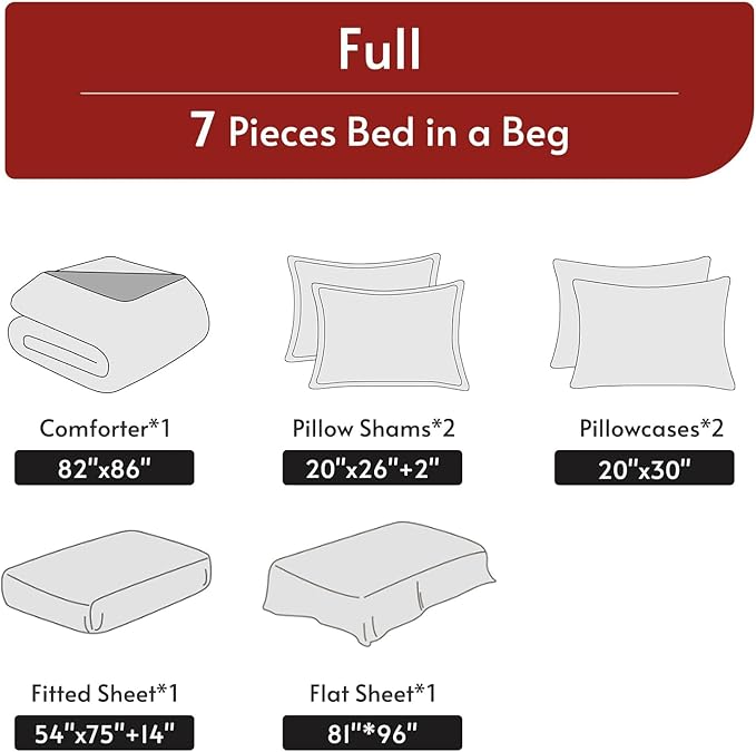 MUXHOMO 7 Pieces Full Comforter Set, Reversible Bed in a Bag Full Size, All Season Bedding Set with Comforter, Flat Sheet, Fitted Sheet, Pillowcases & Shams, Pink & Light Grey