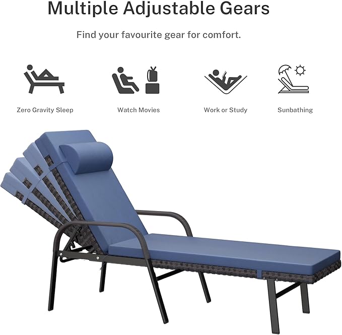 Trumbeak Patio Chaise Lounge Set 3 Pieces Pool Lounge Chairs,Cushioned Outdoor Folding Lounge Chair w/Arm and Rattan Adjustable Backrest for Poolside Porch,Folding Table Included,NavyBlue