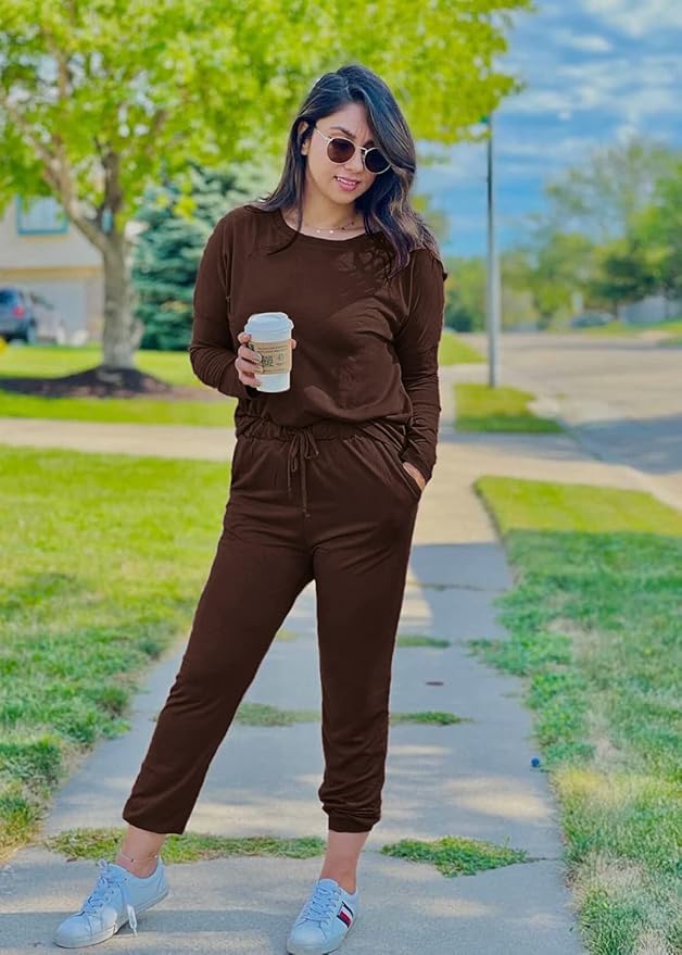 PRETTYGARDEN Women Fall 2 Piece Lounge Outfit Long Sleeve Tops High Waisted Jogger Pants Set Spring Travel Clothes Tracksuit