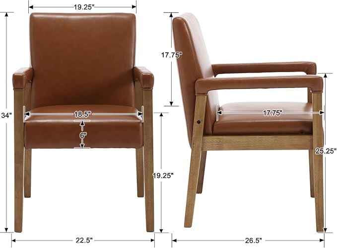 DM Furniture Mid Century Modern Dining Chairs Set of 4 Faux Leather Upholstered Accent Chairs Comfy Kitchen Chairs with Solid Wood Frame Armchair for Living Room, Brown