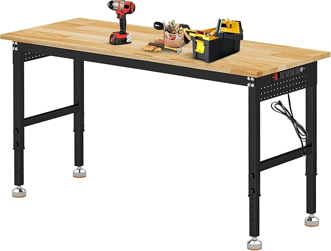 Betterhood Adjustable Height Workbench, 60" Rubber Wood Top Heavy Duty Workstation with Power Outlets, 2000 LBS Load Capacity Hardwood Worktable for Workshop, Garage, Office, Home, Commercial
