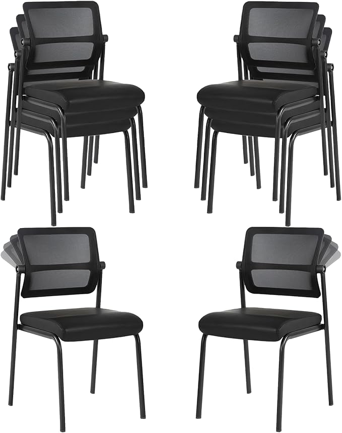 CLATINA 8PK Mesh Stacking Office Desk Chairs, Portable Stackable Bulk Waiting Room Armless Chair with Adjustable Back & Leather Seat for Guest Lobby Side School Church Conference Break, Black