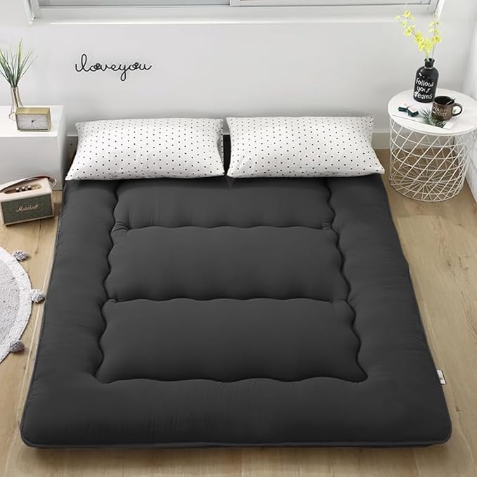 BEYTLYE Floor Mattress Japanese Futon Foldable Sleeping Pad, Portable Roll Up Tatami Mat for Camping Guest Room, Black, Queen (80" X 60")