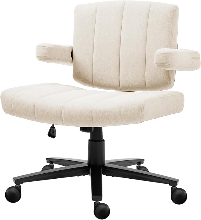Vigosit White Criss Cross Office Chair with Wheels, Ergonomic Wide Seat Vanity & Dressing Table Chair, Adjustable Arms Swivel Rolling Desk Chair for Women, Comfortable Cross-Legged Support