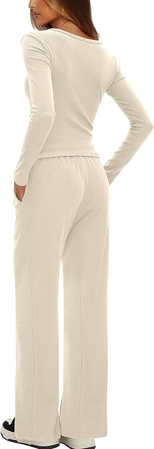 Darong Womens 2 Piece Matching Lounge Sets 2026 Long Sleeve Henley Shirts Wide Leg Pants Airport Travel Outfits