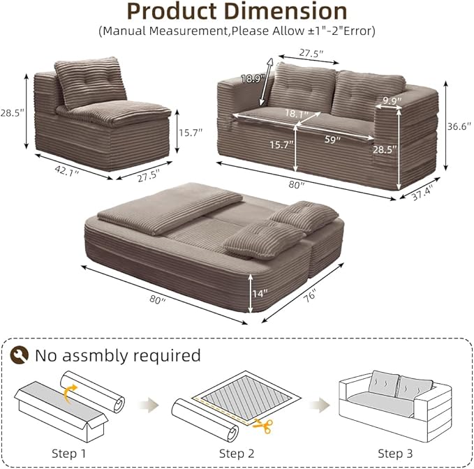 80" Foldable Floor Couch, 3-Seat Convertible Sleeper Sofa with Chaise Lounge, Blanket and 3 Soft Pillows, Corduroy Fabric, for Living Room, Bedroom, Apartment, No Assembly Required, Coffee