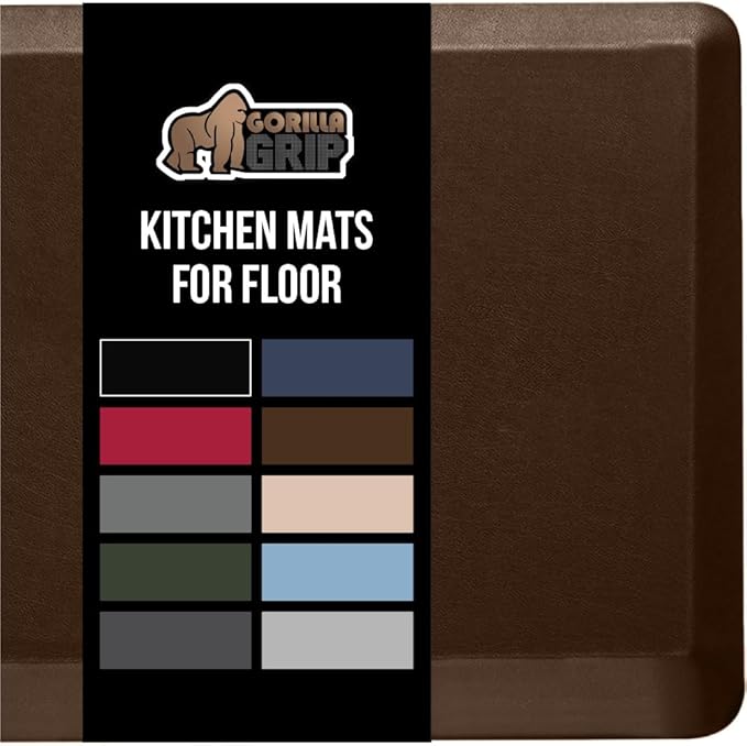 GORILLA GRIP Comfortable Cushioned Kitchen Mats for Floor, 48x20, Waterproof and Stain Resistant Soft Top, 3/4 Inch Thick Ergonomic Standing Desk Anti Fatigue Mat, Foam Supports Ankles and Feet, Brown