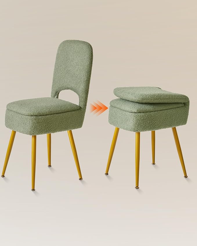 IBUYKE Small Storage Vanity Stool with Folding Backrest, 12.99" x 13.78" x 31.5" Square Teddy Velvet Ottoman, Makeup Chair for Living Room, 4 Metal Legs with Anti-Slip Feet, Green WBD027D