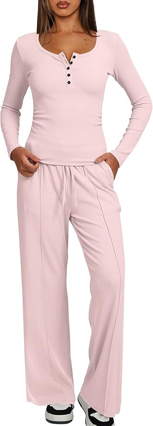 Darong Womens 2 Piece Matching Lounge Sets 2026 Long Sleeve Henley Shirts Wide Leg Pants Airport Travel Outfits