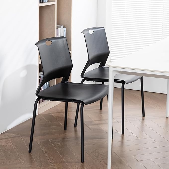 Black Stackable Chairs Set of 4, Modern Office Guest Chair Wide Seat, Stackable Dining Chairs, Plastic Chair for Conference Room, Church,Living Room, Waiting Room, Classroom.