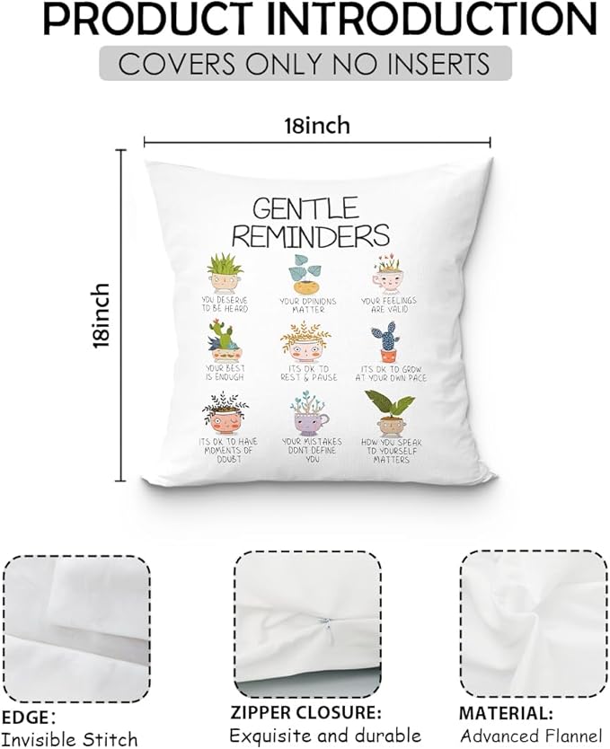 uinwk Mental Health Pillow Covers 18x18,Positive Affirmations Pillows,Therapy Office Pillow Covers,Gentle Reminders Plant Feelings Throw Pillow Case,Gifts for Teens Women Girls