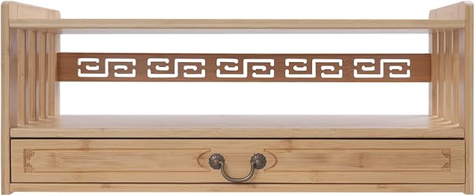 Low 3-Tier Meditation Table with Drawer,Bamboo Altar Tables,Puja Desks,Tatami Desk,27.2”W,Wood Color