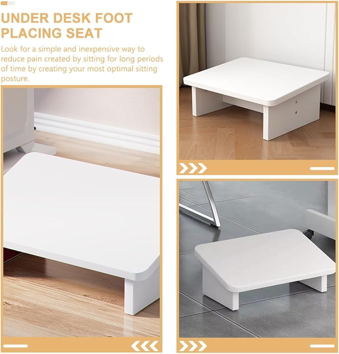 GALPADA Wooden Foot Rest Stool Warm White Non-Slip Footstool for Office and Home Comfortable Leg Support Ergonomic Footrest for Extended Sitting