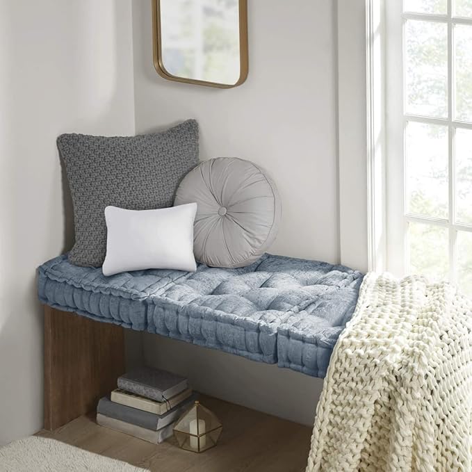 Intelligent Design Azza Floor Pillow, Large Cushions Sitting for Adults, Floor Pillow for Meditation or Yoga, Lustrous Chenille Tufted with Scalloped Edges for Bench/Chair Cushion, 20"x20"x5" Aqua