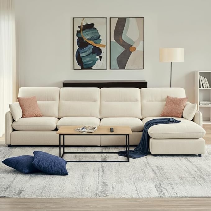 125" L-Shaped Sectional Sofa with Soft Cushion, Cloud-Style Deep Seat Couch for Living Room, for Apartment & Family Room - Modern Oversized, Beige - EDENLAND Signature