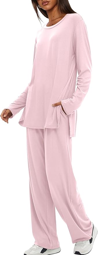 Darong Women's 2 Piece Lounge Set Casual Long Sleeve Crew Neck Tops Wide Leg Pants Travel Airport Outfit Matching Sets