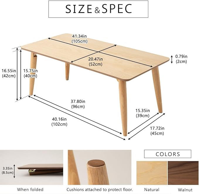 EMOOR Wood Folding Coffee Table Rectangle Large (20.5"x41.3") Walnut, Floor Sitting Low Table Small Space Minimalist Japanese Tatami Room