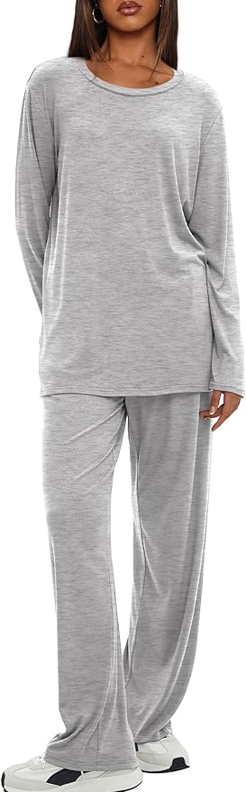 Darong Women's 2 Piece Lounge Set Casual Long Sleeve Crew Neck Tops Wide Leg Pants Travel Airport Outfit Matching Sets