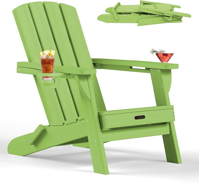 Folding Adirondack Chair, HDPE All-Weather Fire Pit Chairs, Plastic Adirondack Chairs with 2 Cup Holder, Outdoor Lawn Chair for Patio Garden (Light Green)