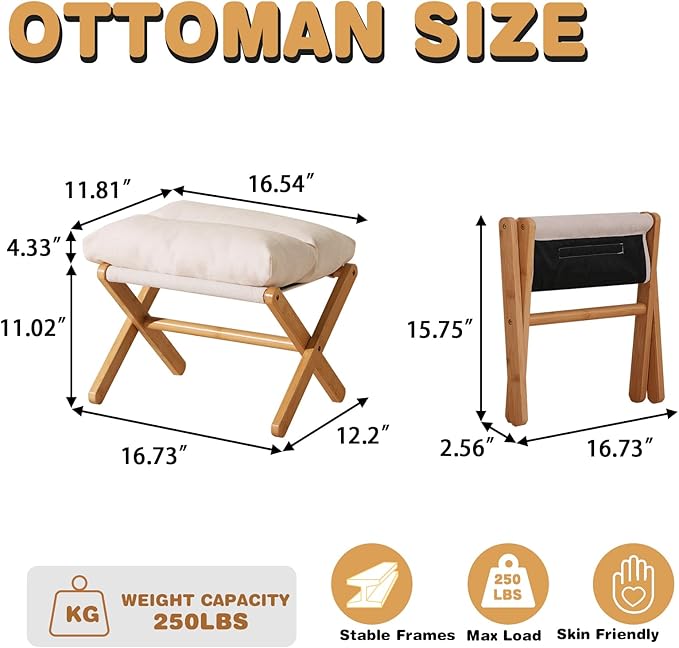Ottoman Foot Rest- Bamboo Foldable Stool, Foot Stools Small Ottman with Upholstered & X Legs, Folding Stool for Makeup, Bedroom and Living Room (Small Beige)